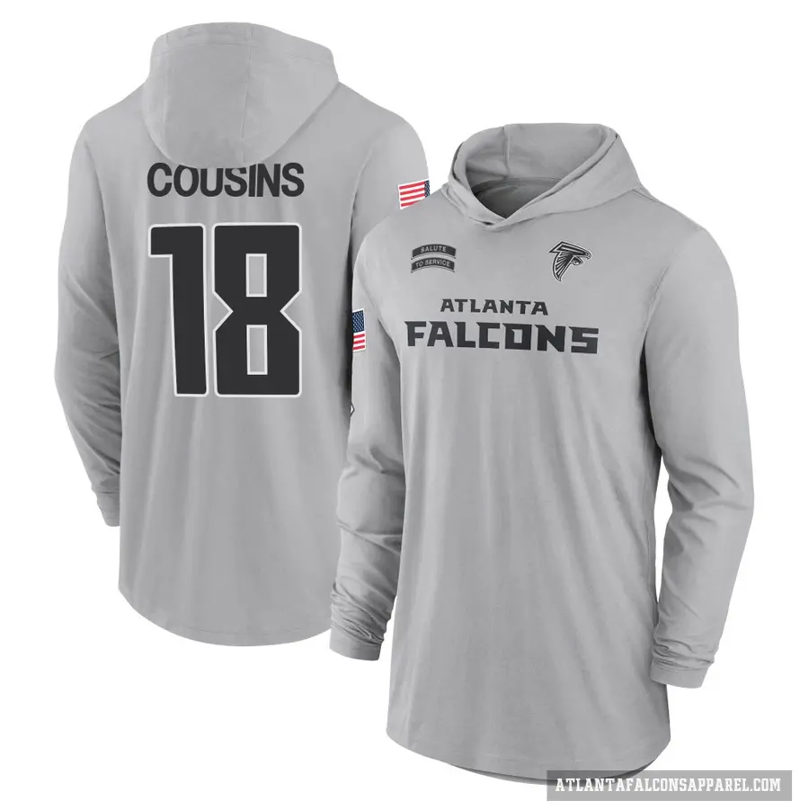Men's ＃18 Kirk Cousins Atlanta Falcons Gray 2024 Salute to Service Lightweight Performance Long Sleeve Hooded T-Shirt