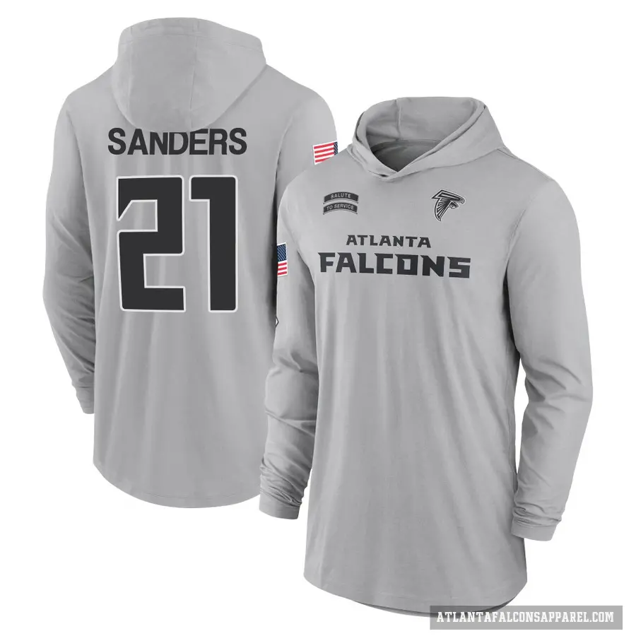 Men's ＃21 Deion Sanders Atlanta Falcons Gray 2024 Salute to Service Lightweight Performance Long Sleeve Hooded T-Shirt