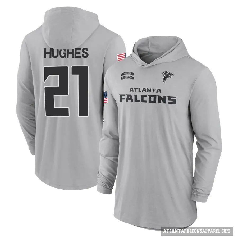Men's ＃21 Mike Hughes Atlanta Falcons Gray 2024 Salute to Service Lightweight Performance Long Sleeve Hooded T-Shirt