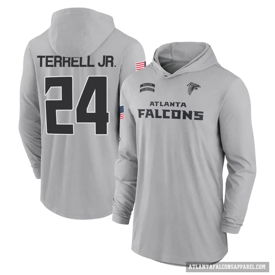 Men's ＃24 A.J. Terrell Atlanta Falcons Gray 2024 Salute to Service Lightweight Performance Long Sleeve Hooded T-Shirt