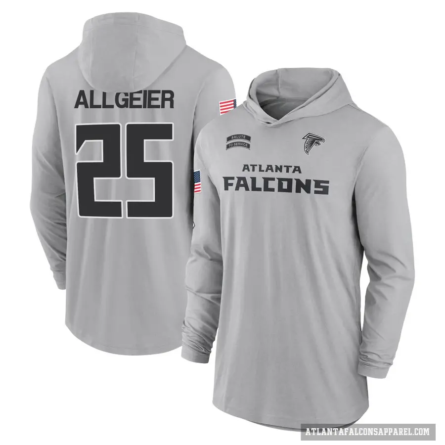 Men's ＃25 Tyler Allgeier Atlanta Falcons Gray 2024 Salute to Service Lightweight Performance Long Sleeve Hooded T-Shirt