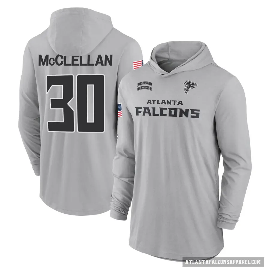 Men's ＃30 Jase McClellan Atlanta Falcons Gray 2024 Salute to Service Lightweight Performance Long Sleeve Hooded T-Shirt