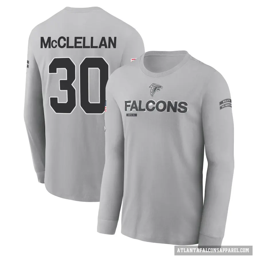 Men's ＃30 Jase McClellan Atlanta Falcons Gray 2024 Salute to Service Long Sleeve T-Shirt