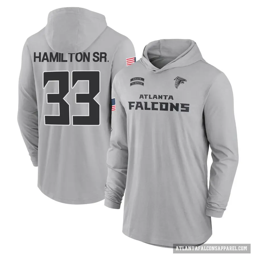 Men's ＃33 Antonio Hamilton Sr. Atlanta Falcons Gray 2024 Salute to Service Lightweight Performance Long Sleeve Hooded T-Shirt