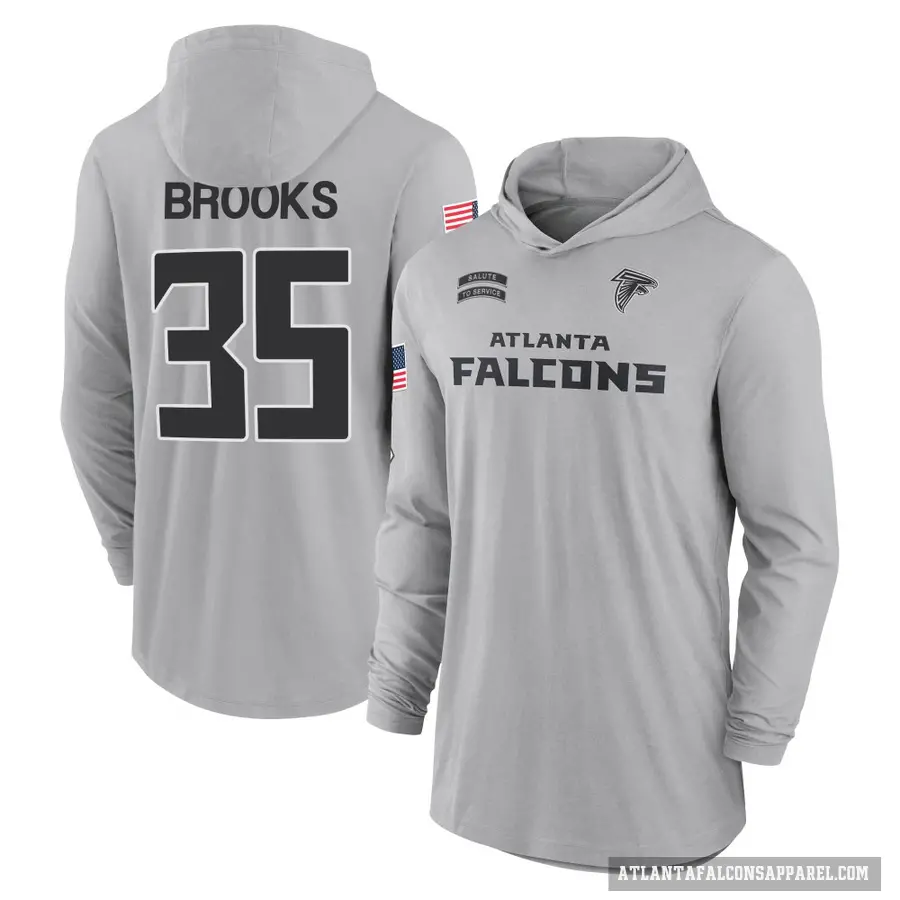 Men's ＃35 Natrone Brooks Atlanta Falcons Gray 2024 Salute to Service Lightweight Performance Long Sleeve Hooded T-Shirt