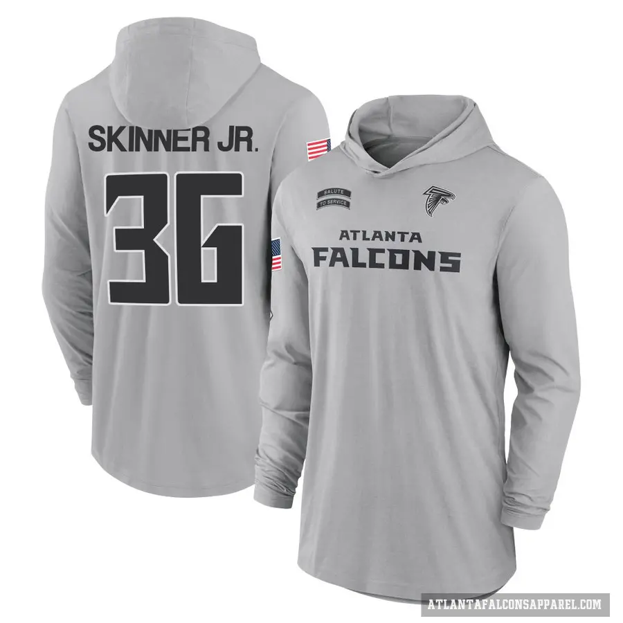 Men's ＃36 Quincy Skinner Jr. Atlanta Falcons Gray 2024 Salute to Service Lightweight Performance Long Sleeve Hooded T-Shirt