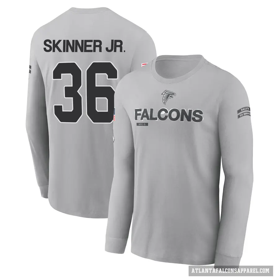 Men's ＃36 Quincy Skinner Jr. Atlanta Falcons Gray 2024 Salute to Service Long Sleeve T-Shirt