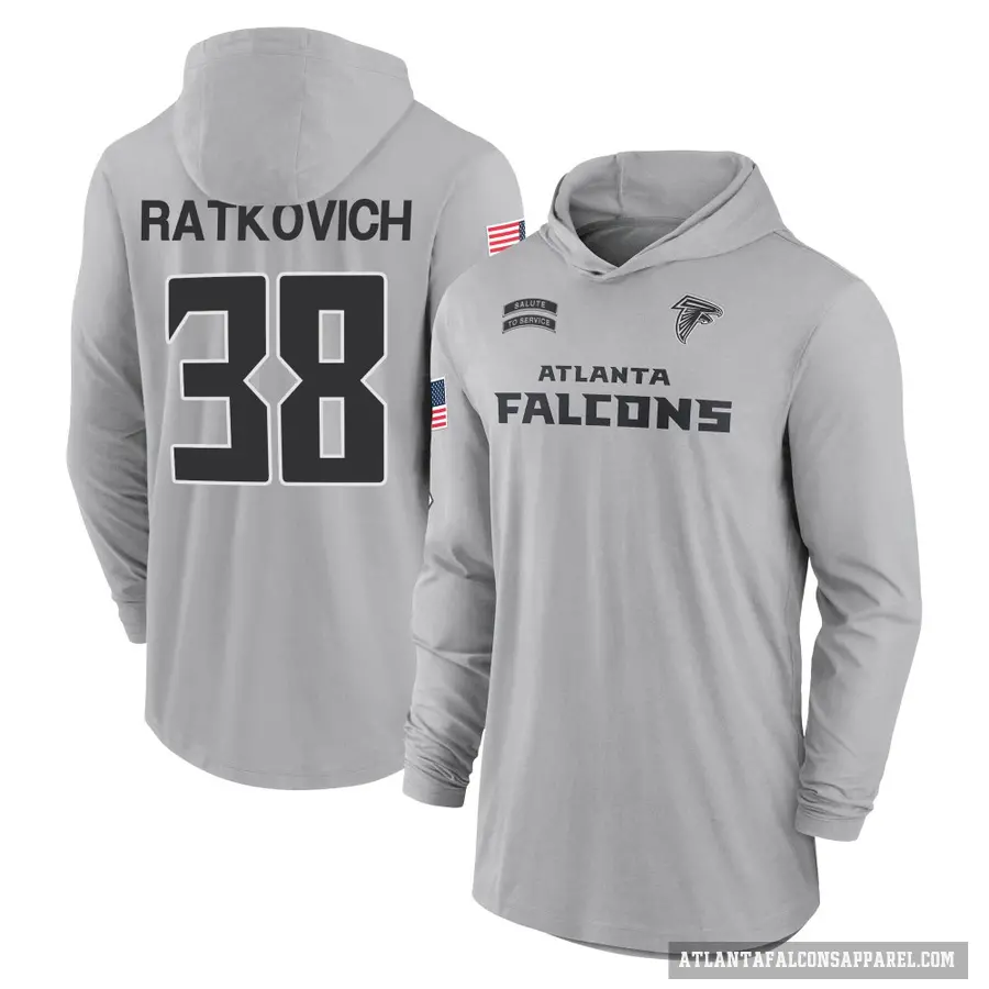 Men's ＃38 Clint Ratkovich Atlanta Falcons Gray 2024 Salute to Service Lightweight Performance Long Sleeve Hooded T-Shirt