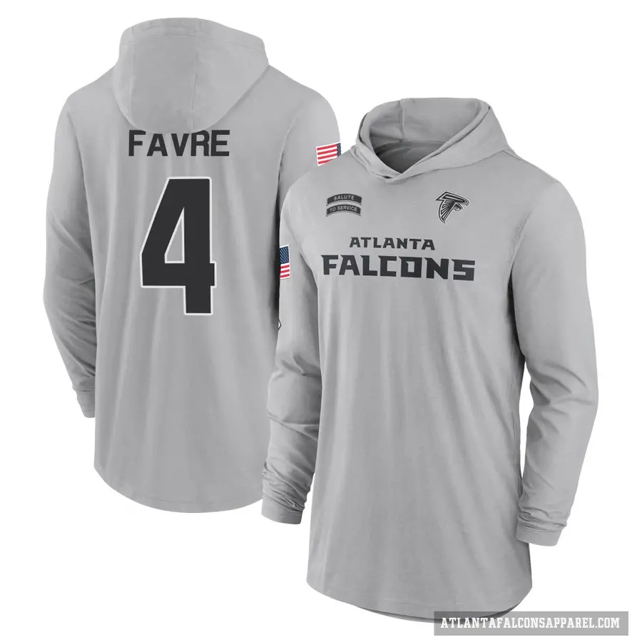 Men's ＃4 Brett Favre Atlanta Falcons Gray 2024 Salute to Service Lightweight Performance Long Sleeve Hooded T-Shirt