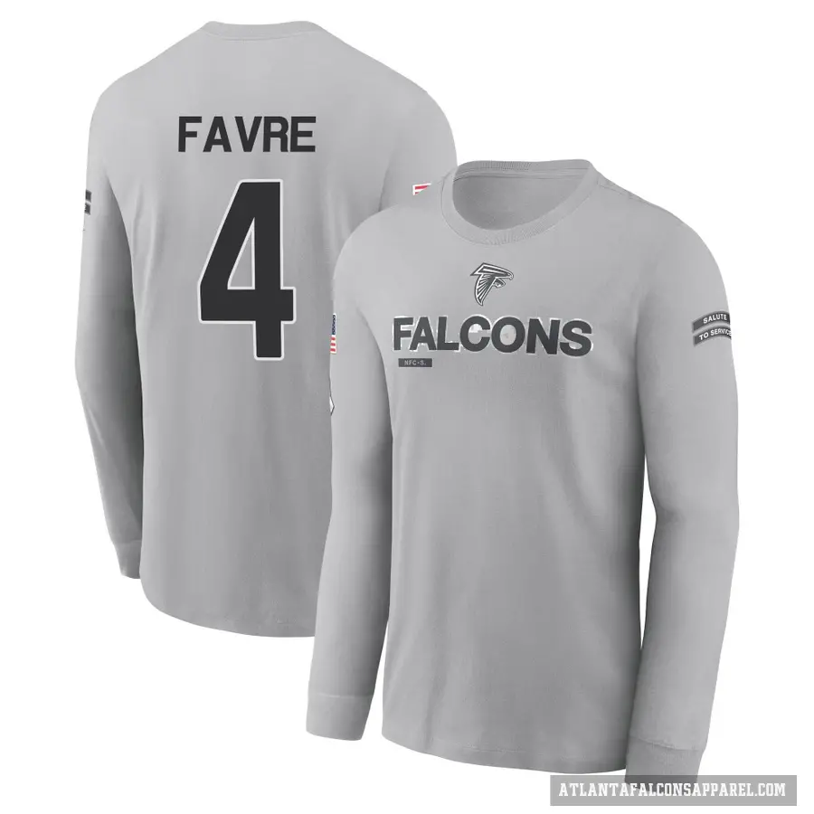 Men's ＃4 Brett Favre Atlanta Falcons Gray 2024 Salute to Service Long Sleeve T-Shirt