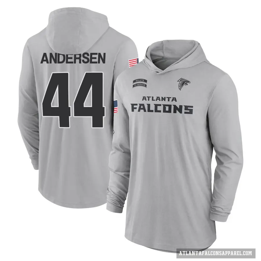 Men's ＃44 Troy Andersen Atlanta Falcons Gray 2024 Salute to Service Lightweight Performance Long Sleeve Hooded T-Shirt