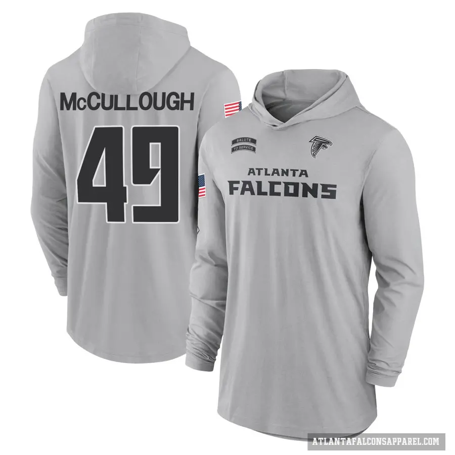 Men's ＃49 Liam McCullough Atlanta Falcons Gray 2024 Salute to Service Lightweight Performance Long Sleeve Hooded T-Shirt
