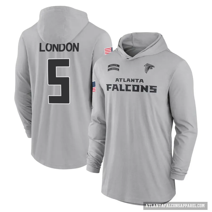 Men's ＃5 Drake London Atlanta Falcons Gray 2024 Salute to Service Lightweight Performance Long Sleeve Hooded T-Shirt