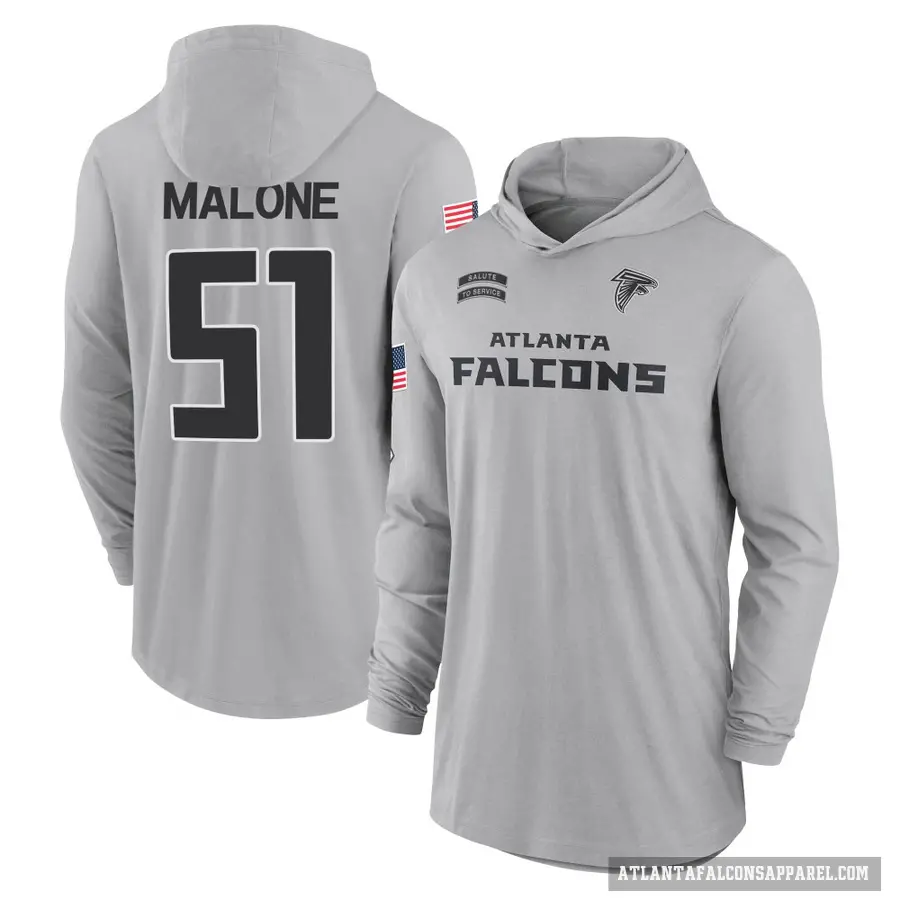 Men's ＃51 DeAngelo Malone Atlanta Falcons Gray 2024 Salute to Service Lightweight Performance Long Sleeve Hooded T-Shirt