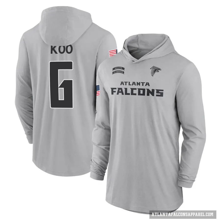 Men's ＃6 Younghoe Koo Atlanta Falcons Gray 2024 Salute to Service Lightweight Performance Long Sleeve Hooded T-Shirt