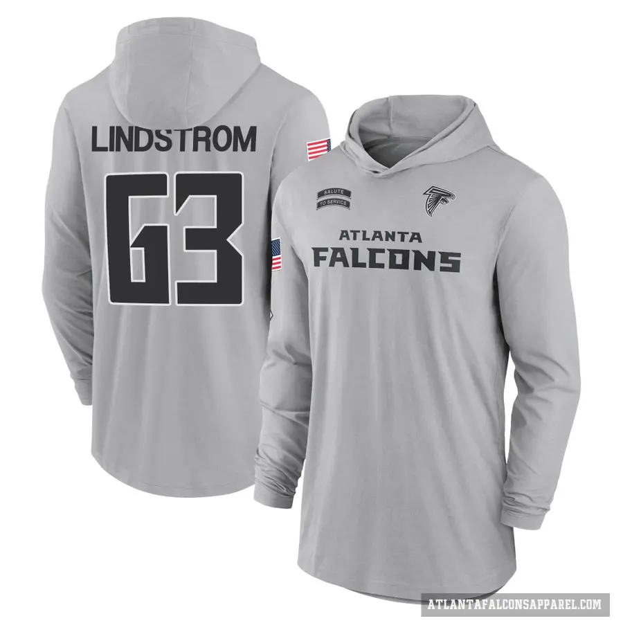 Men's ＃63 Chris Lindstrom Atlanta Falcons Gray 2024 Salute to Service Lightweight Performance Long Sleeve Hooded T-Shirt
