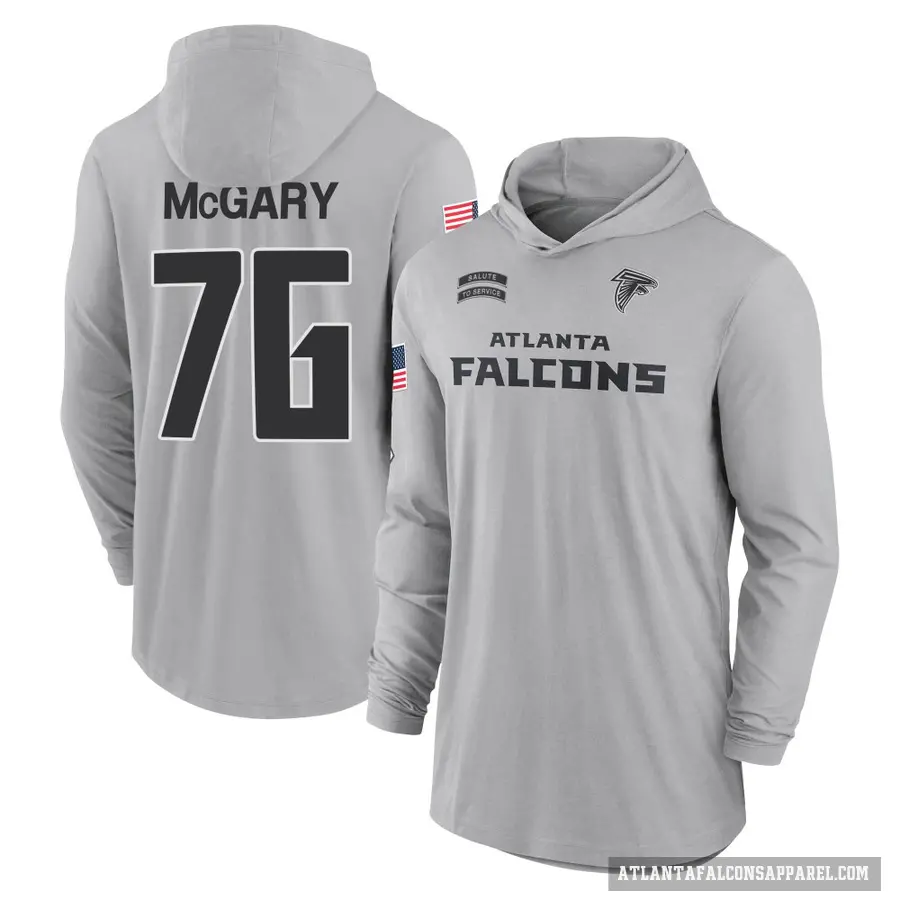 Men's ＃76 Kaleb McGary Atlanta Falcons Gray 2024 Salute to Service Lightweight Performance Long Sleeve Hooded T-Shirt