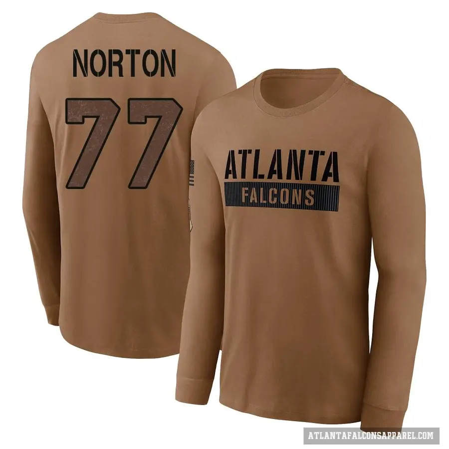 Men's ＃77 Storm Norton Atlanta Falcons Brown 2023 Salute To Service Long Sleeve T-Shirt