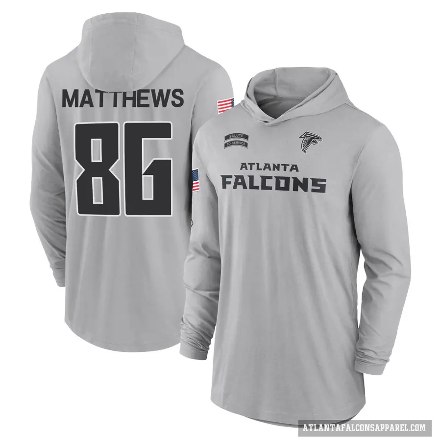 Men's ＃86 Jesse Matthews Atlanta Falcons Gray 2024 Salute to Service Lightweight Performance Long Sleeve Hooded T-Shirt