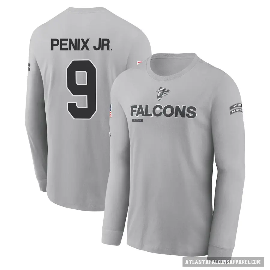 Men's ＃9 Michael Penix Jr. Atlanta Falcons Gray 2024 Salute to Service Long Sleeve T-Shirt