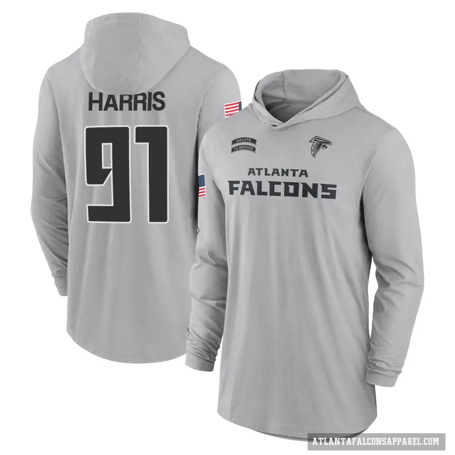 Men's ＃91 Demone Harris Atlanta Falcons Gray 2024 Salute to Service Lightweight Performance Long Sleeve Hooded T-Shirt