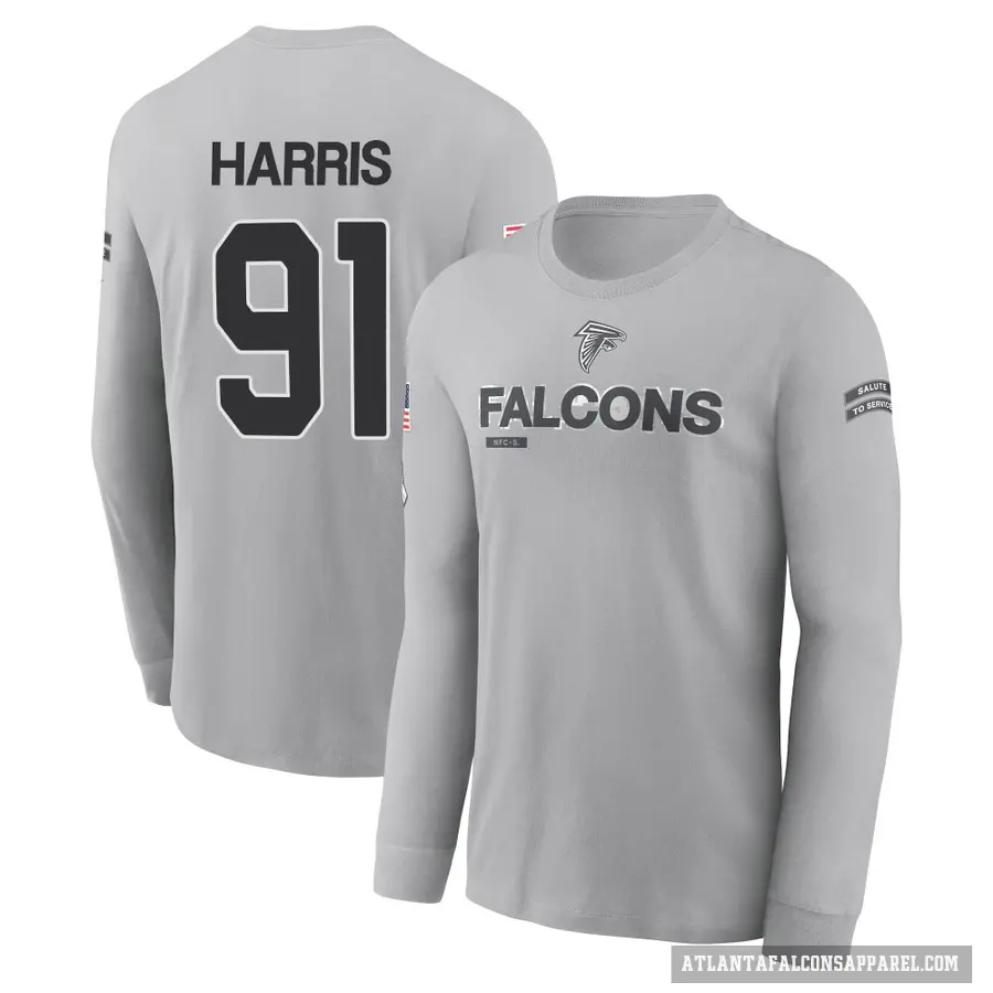 Men's ＃91 Demone Harris Atlanta Falcons Gray 2024 Salute to Service Long Sleeve T-Shirt