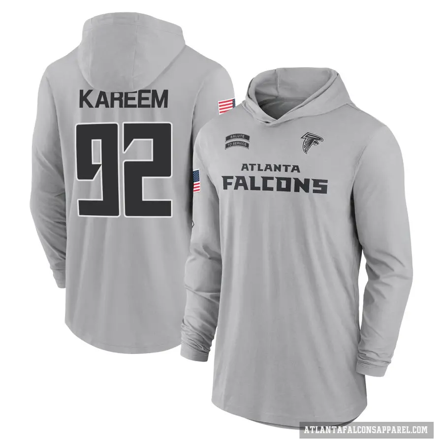 Men's ＃92 Khalid Kareem Atlanta Falcons Gray 2024 Salute to Service Lightweight Performance Long Sleeve Hooded T-Shirt