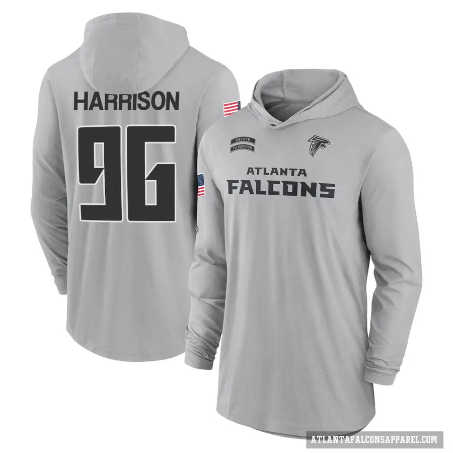 Men's ＃96 Zach Harrison Atlanta Falcons Gray 2024 Salute to Service Lightweight Performance Long Sleeve Hooded T-Shirt