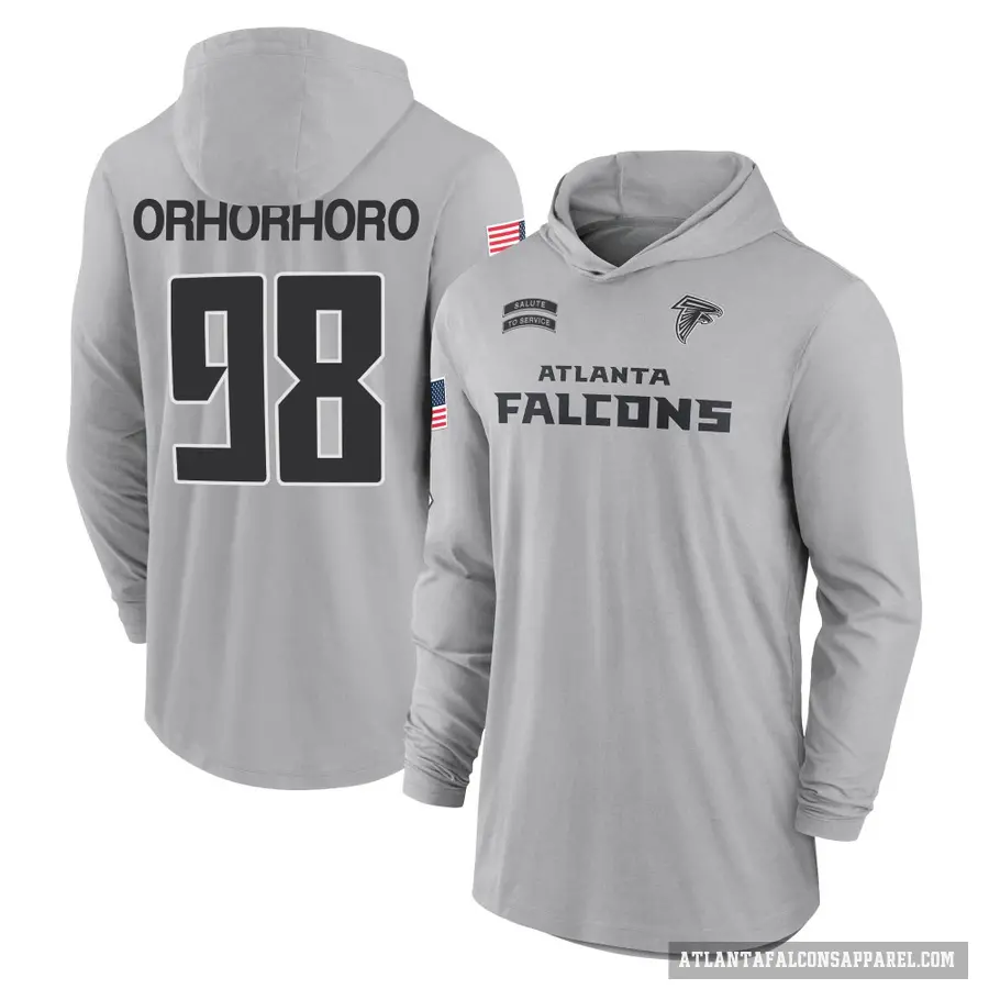 Men's ＃98 Ruke Orhorhoro Atlanta Falcons Gray 2024 Salute to Service Lightweight Performance Long Sleeve Hooded T-Shirt