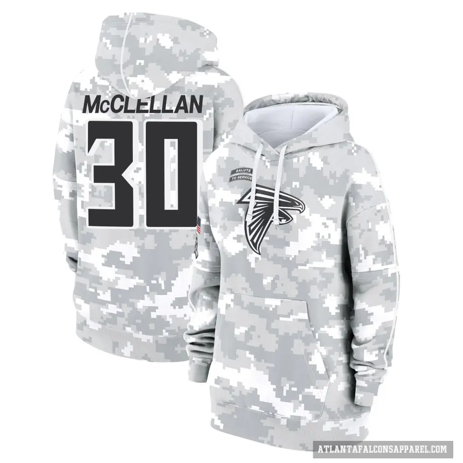 Women's ＃30 Jase McClellan Atlanta Falcons Arctic Camo 2024 Salute to Service Club Fleece Pullover Hoodie