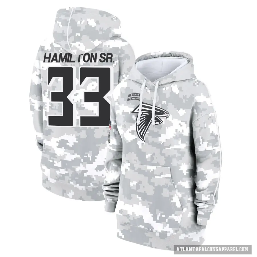 Women's ＃33 Antonio Hamilton Sr. Atlanta Falcons Arctic Camo 2024 Salute to Service Club Fleece Pullover Hoodie