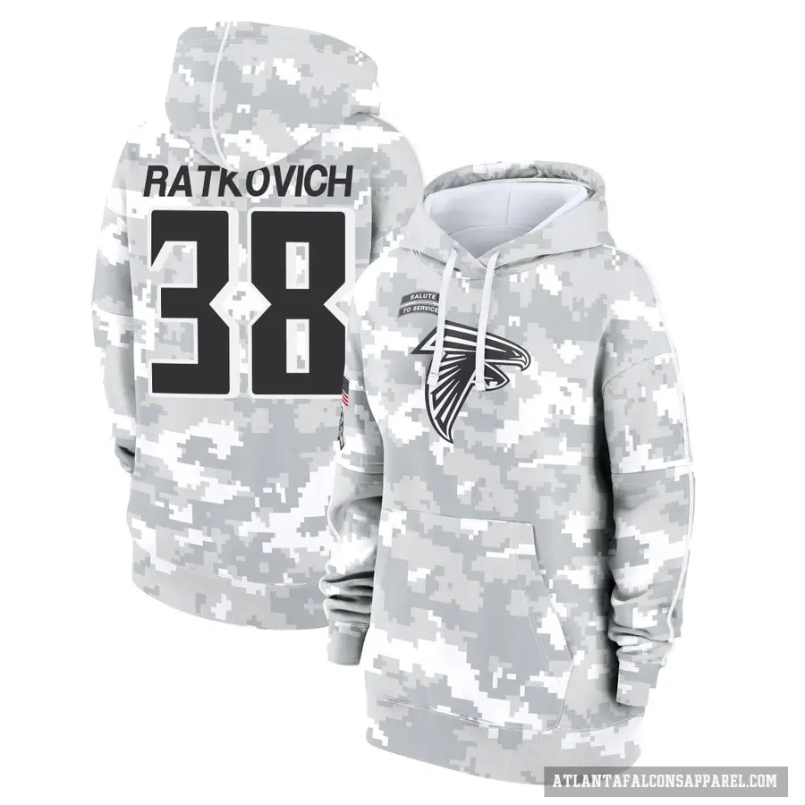 Women's ＃38 Clint Ratkovich Atlanta Falcons Arctic Camo 2024 Salute to Service Club Fleece Pullover Hoodie