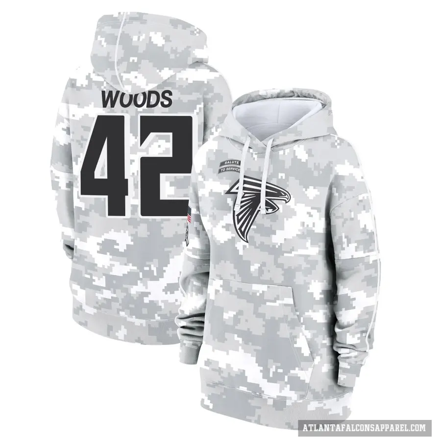 Women's ＃42 Josh Woods Atlanta Falcons Arctic Camo 2024 Salute to Service Club Fleece Pullover Hoodie