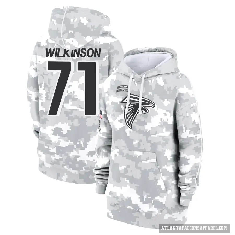 Women's ＃71 Elijah Wilkinson Atlanta Falcons Arctic Camo 2024 Salute to Service Club Fleece Pullover Hoodie