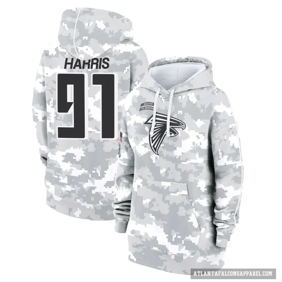 Women's ＃91 Demone Harris Atlanta Falcons Arctic Camo 2024 Salute to Service Club Fleece Pullover Hoodie
