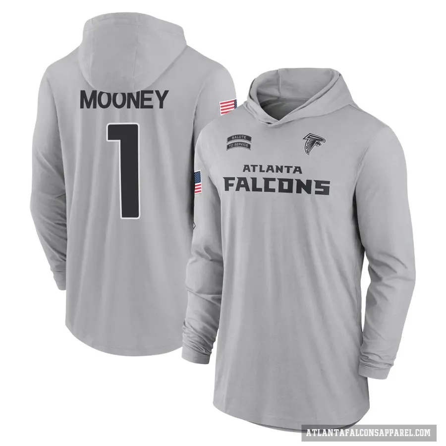 Youth ＃1 Darnell Mooney Atlanta Falcons Gray 2024 Salute to Service Lightweight Performance Long Sleeve Hooded T-Shirt