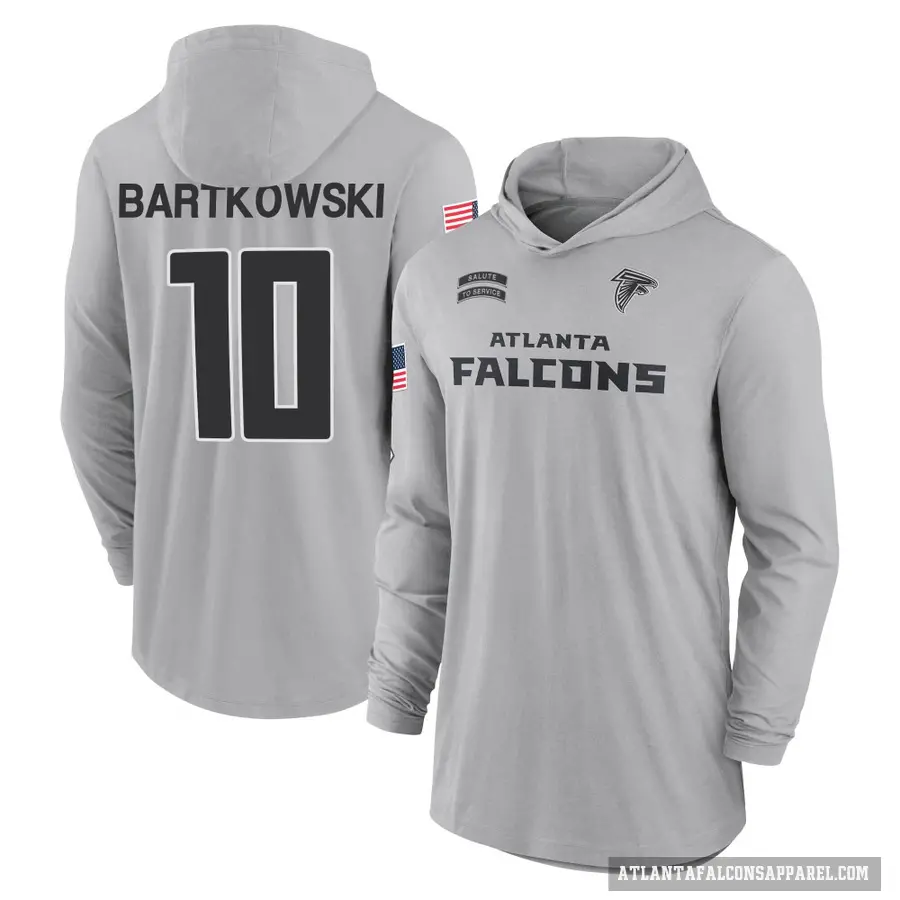 Youth ＃10 Steve Bartkowski Atlanta Falcons Gray 2024 Salute to Service Lightweight Performance Long Sleeve Hooded T-Shirt
