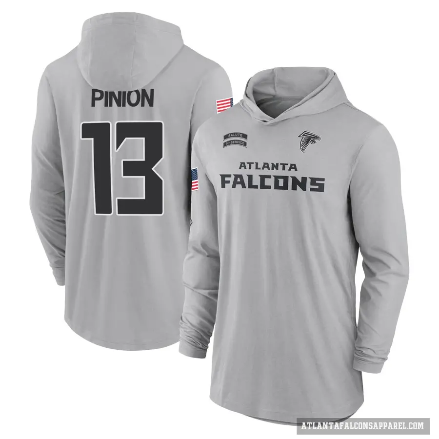 Youth ＃13 Bradley Pinion Atlanta Falcons Gray 2024 Salute to Service Lightweight Performance Long Sleeve Hooded T-Shirt