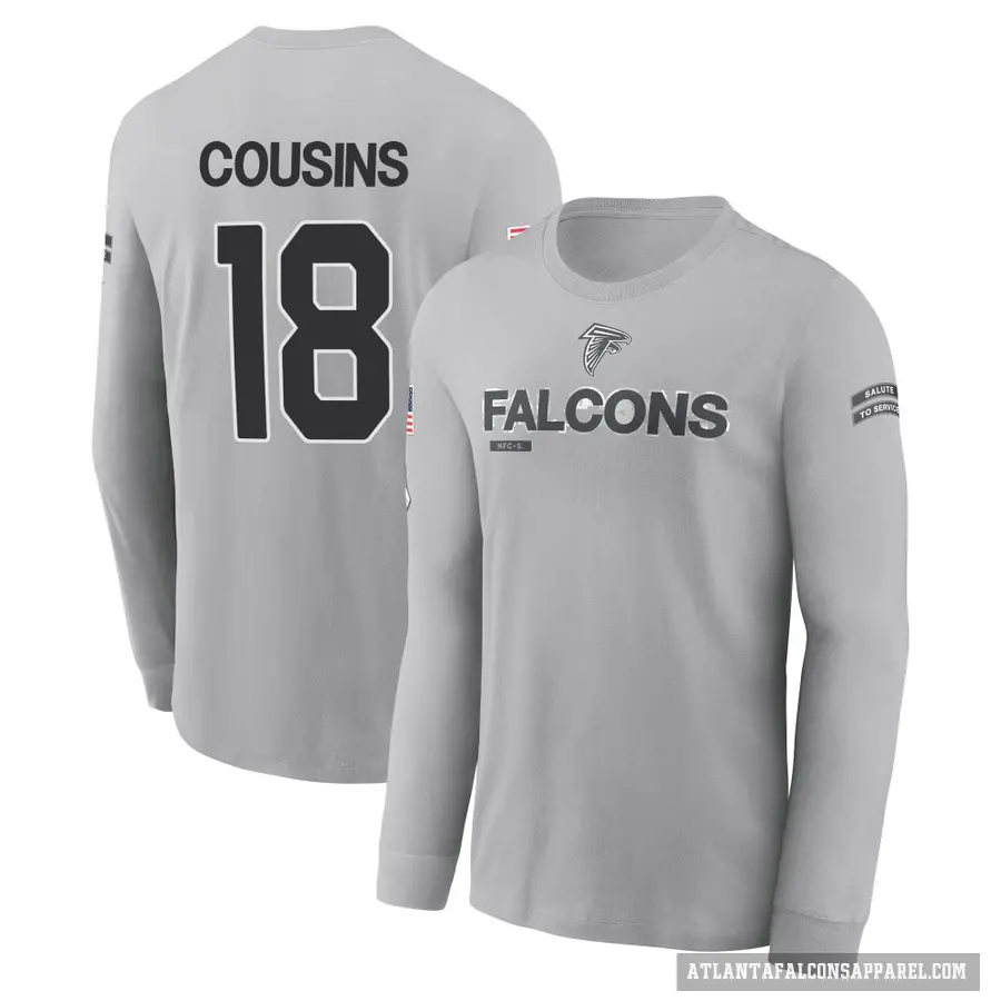 Youth ＃18 Kirk Cousins Atlanta Falcons Gray 2024 Salute to Service Long Sleeve T-Shirt