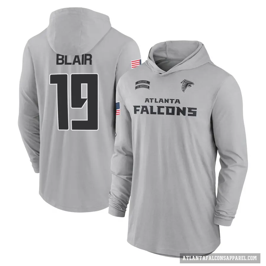 Youth ＃19 Chris Blair Atlanta Falcons Gray 2024 Salute to Service Lightweight Performance Long Sleeve Hooded T-Shirt