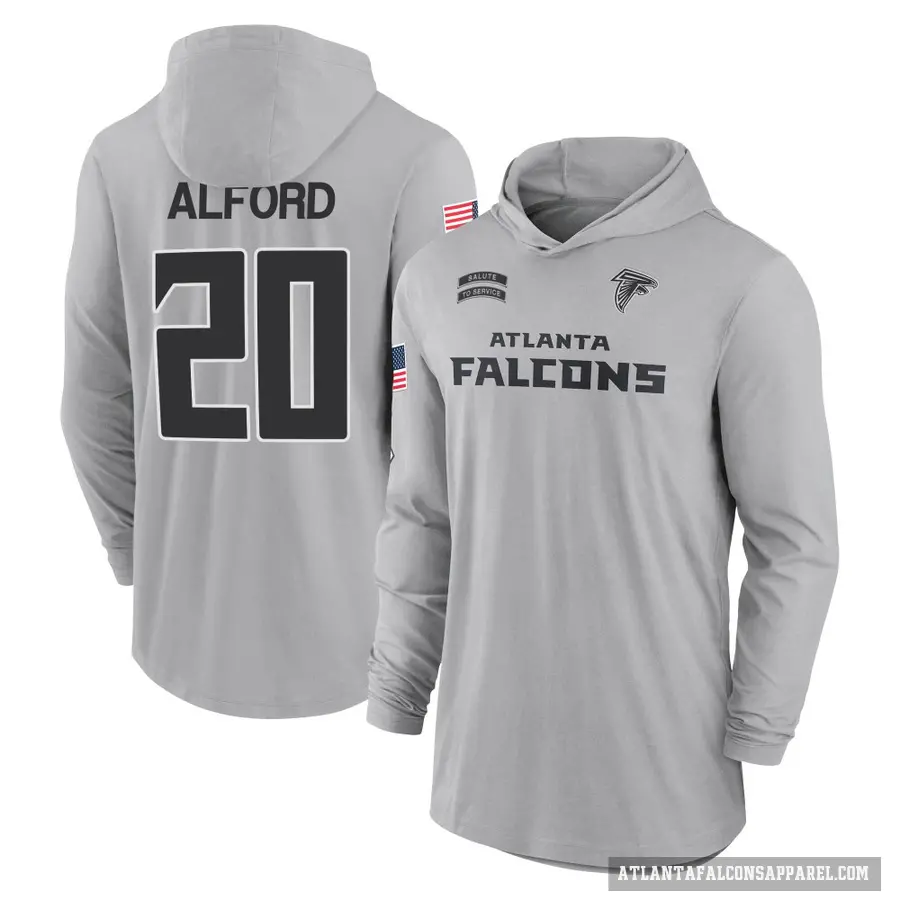 Youth ＃20 Dee Alford Atlanta Falcons Gray 2024 Salute to Service Lightweight Performance Long Sleeve Hooded T-Shirt