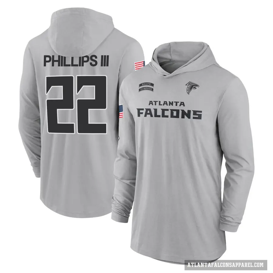 Youth ＃22 Clark Phillips III Atlanta Falcons Gray 2024 Salute to Service Lightweight Performance Long Sleeve Hooded T-Shirt
