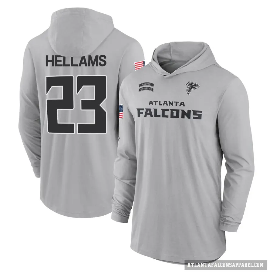Youth ＃23 DeMarcco Hellams Atlanta Falcons Gray 2024 Salute to Service Lightweight Performance Long Sleeve Hooded T-Shirt