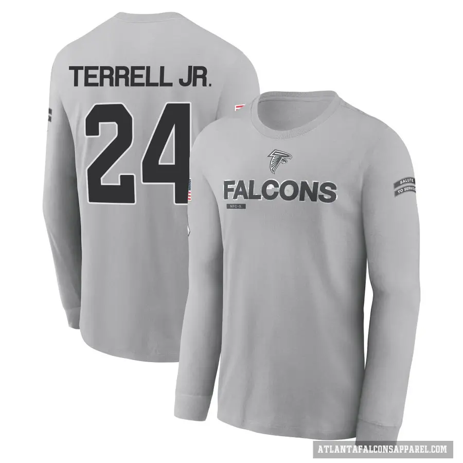 Youth ＃24 A.J. Terrell Atlanta Falcons Gray 2024 Salute to Service Long Sleeve T-Shirt