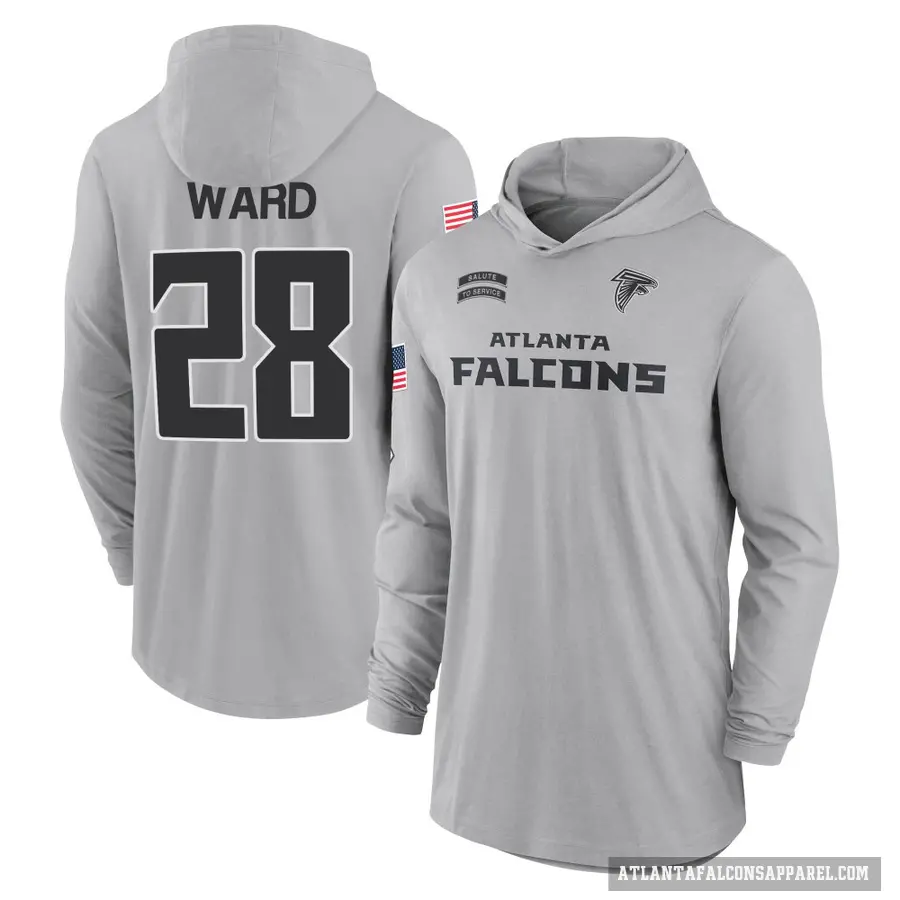 Youth ＃28 Terron Ward Atlanta Falcons Gray 2024 Salute to Service Lightweight Performance Long Sleeve Hooded T-Shirt