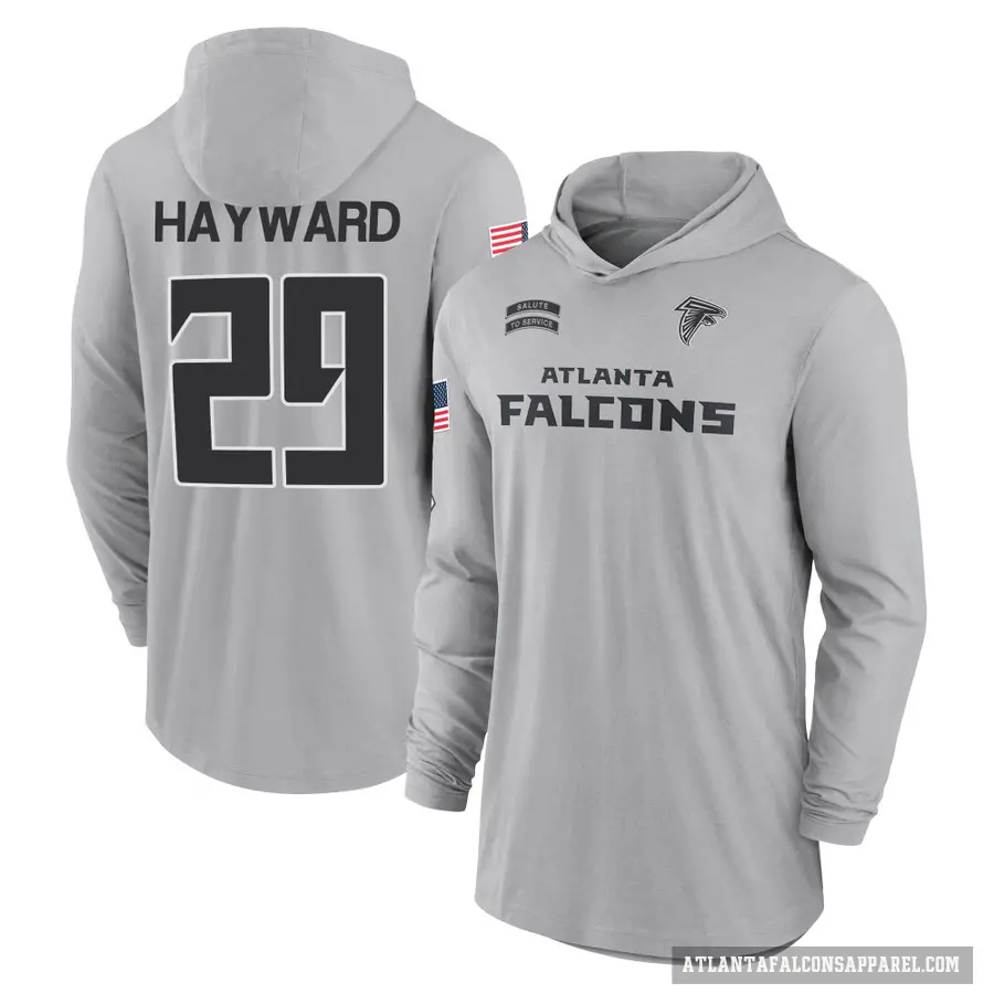 Youth ＃29 Casey Hayward Atlanta Falcons Gray 2024 Salute to Service Lightweight Performance Long Sleeve Hooded T-Shirt