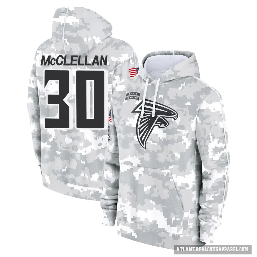 Youth ＃30 Jase McClellan Atlanta Falcons Arctic Camo 2024 Salute to Service Club Fleece Pullover Hoodie