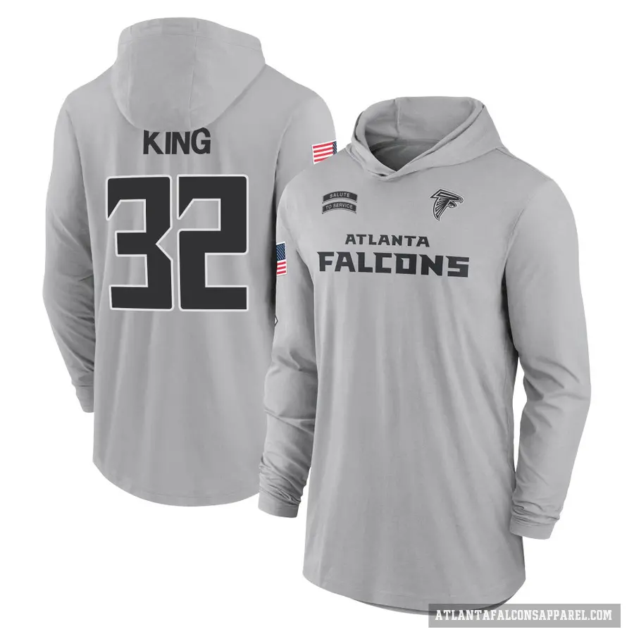 Youth ＃32 Kevin King Atlanta Falcons Gray 2024 Salute to Service Lightweight Performance Long Sleeve Hooded T-Shirt