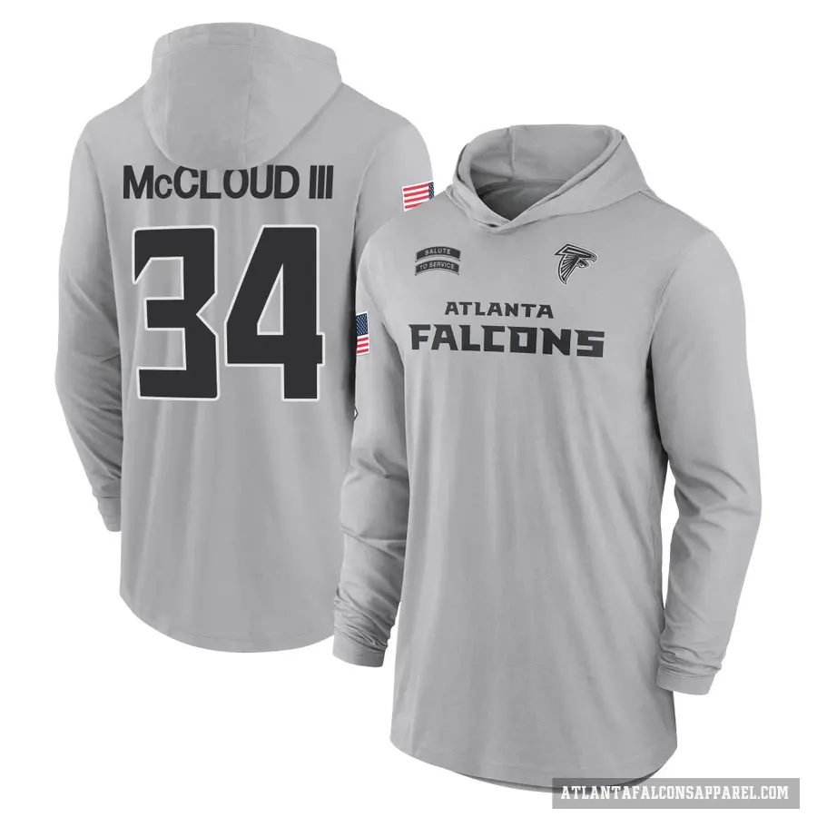 Youth ＃34 Ray-Ray McCloud III Atlanta Falcons Gray 2024 Salute to Service Lightweight Performance Long Sleeve Hooded T-Shirt