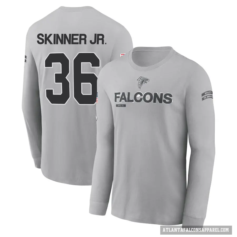 Youth ＃36 Quincy Skinner Jr. Atlanta Falcons Gray 2024 Salute to Service Long Sleeve T-Shirt
